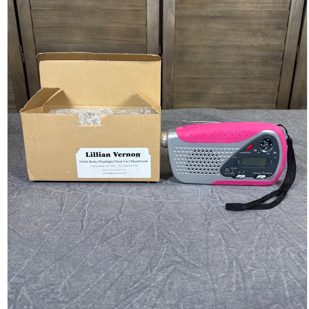 Lillian Vernon 5 in 1 Hand Crank Emergency Radio Flashlight Clock Pink 035436